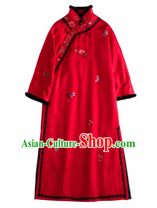 Chinese Traditional Costume National Tang Suit Red Cotton Padded Coat Outer Garment for Women