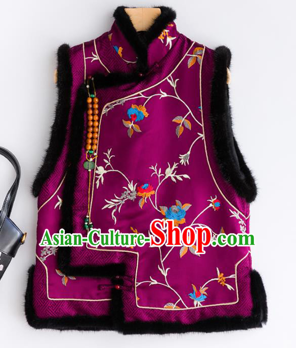 Traditional Chinese National Costume Winter Purple Brocade Vest Tang Suit Waistcoat for Women