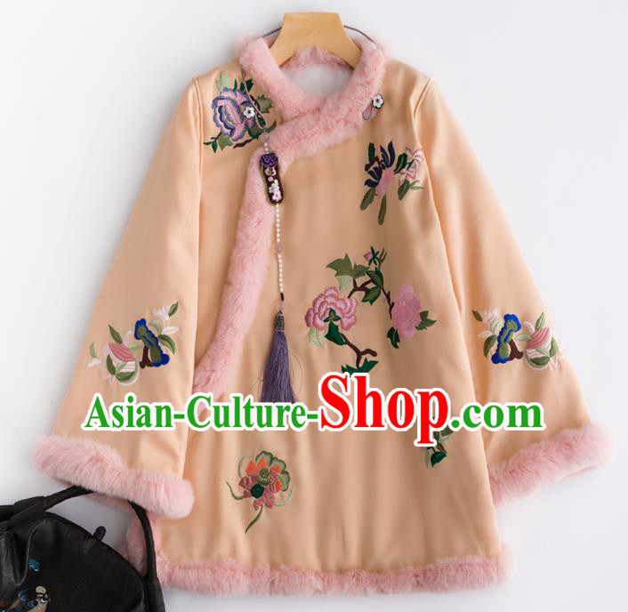 Chinese Traditional Costume National Tang Suit Embroidered Peony Orange Cotton Padded Jacket for Women
