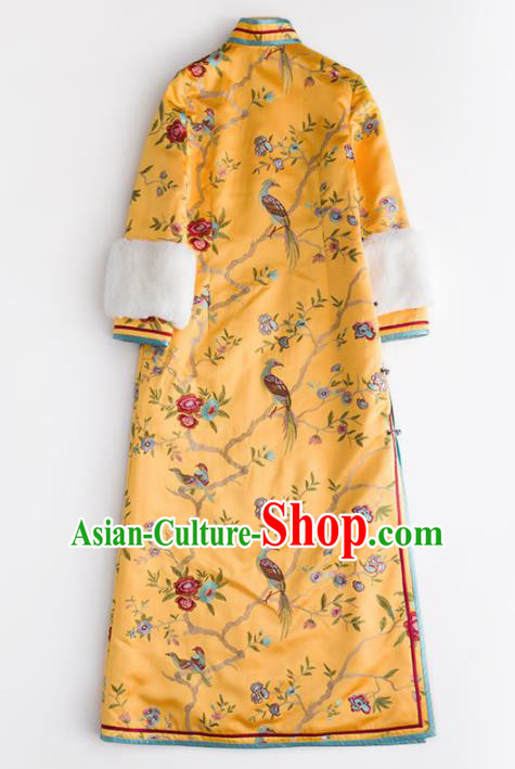 Chinese Traditional National Costume Cheongsam Ancient Qing Dynasty Embroidered Yellow Qipao Dress for Women