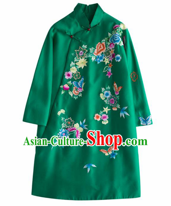 Chinese Traditional National Costume Tang Suit Embroidered Green Coat for Women