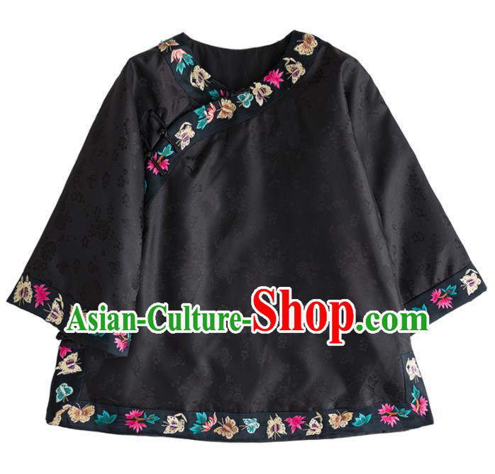 Chinese Traditional National Costume Tang Suit Embroidered Black Shirts for Women