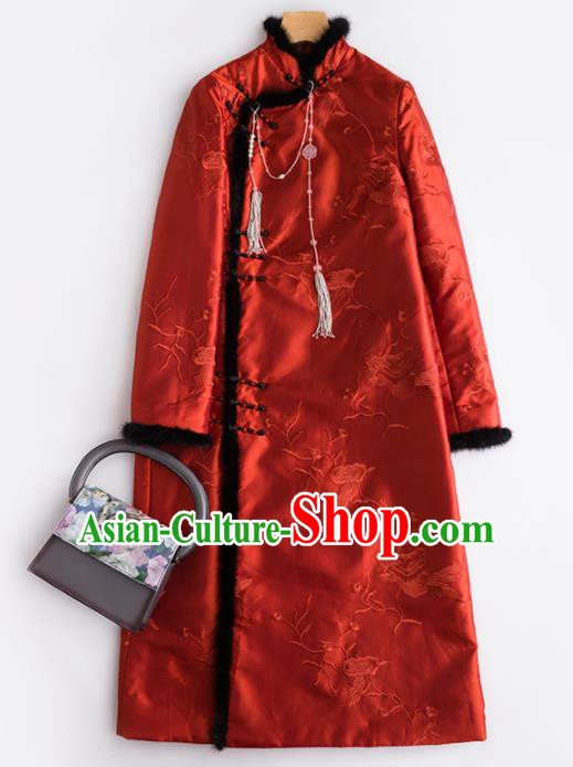 Chinese Traditional National Costume Tang Suit Embroidered Red Cotton Padded Coat for Women