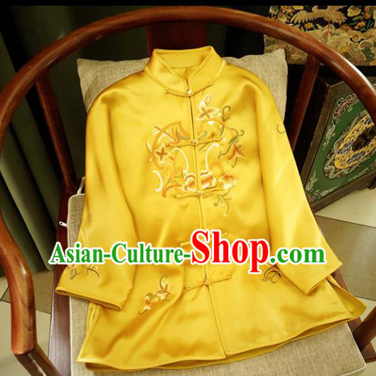 Chinese Traditional National Costume Ancient Qing Dynasty Embroidered Peony Yellow Silk Blouse for Women