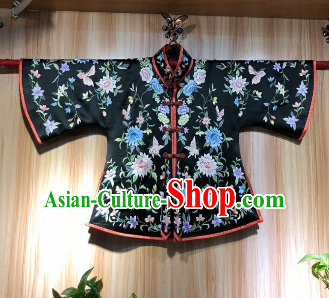 Chinese Traditional National Costume Ancient Qing Dynasty Embroidered Black Silk Blouse for Women