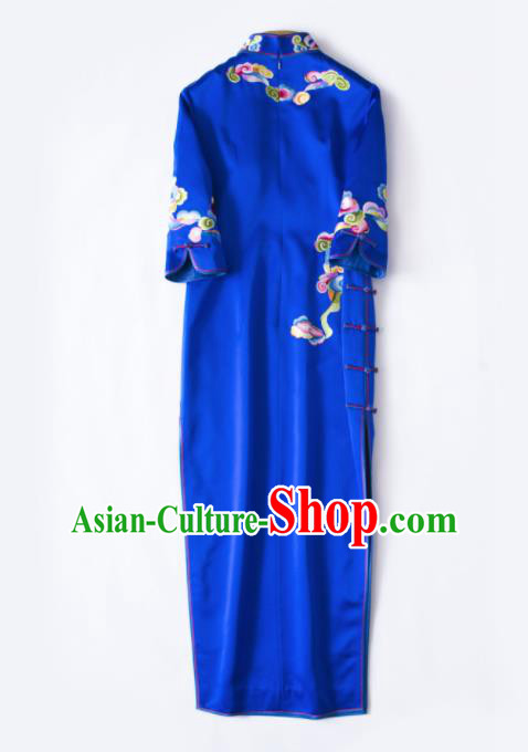Chinese Traditional Costume National Cheongsam Embroidered Royalblue Silk Qipao Dress for Women