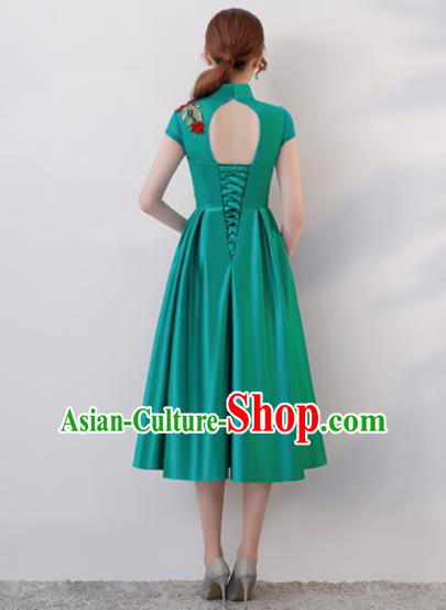 Chinese Traditional National Costume Classical Cheongsam Embroidered Green Satin Qipao Dress for Women