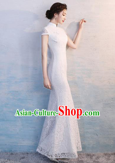 Chinese Traditional National Costume Classical Wedding Cheongsam White Lace Full Dress for Women