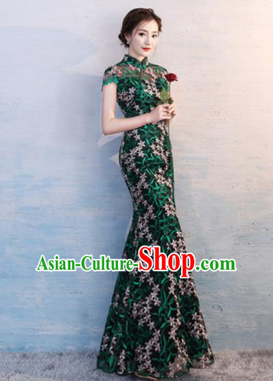 Chinese Traditional National Costume Classical Wedding Cheongsam Green Fishtail Full Dress for Women