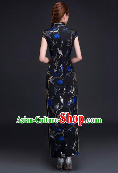 Chinese Traditional National Costume Classical Wedding Cheongsam Blue Peony Qipao Dress for Women