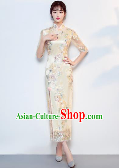Chinese Traditional National Costume Classical Wedding Cheongsam Yellow Full Dress for Women