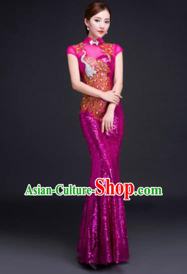 Chinese Traditional National Costume Classical Wedding Rosy Fishtail Full Dress for Women