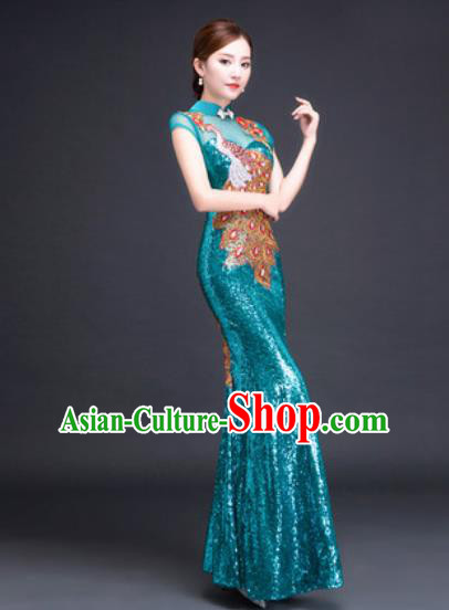 Chinese Traditional National Costume Classical Wedding Lake Blue Fishtail Full Dress for Women
