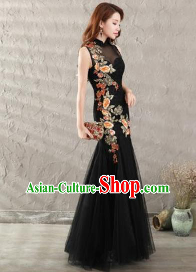Chinese Traditional National Costume Classical Wedding Black Veil Fishtail Full Dress for Women