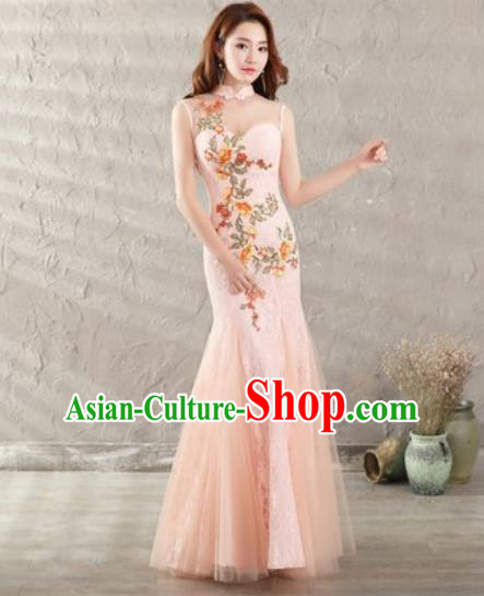 Chinese Traditional National Costume Classical Wedding Pink Veil Fishtail Full Dress for Women