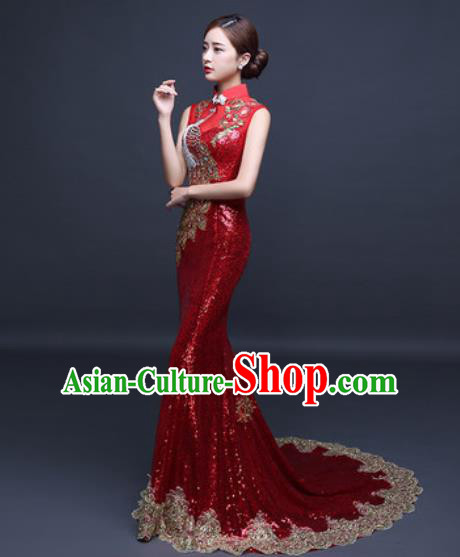 Chinese Traditional Wedding Costume Classical Red Trailing Full Dress for Women