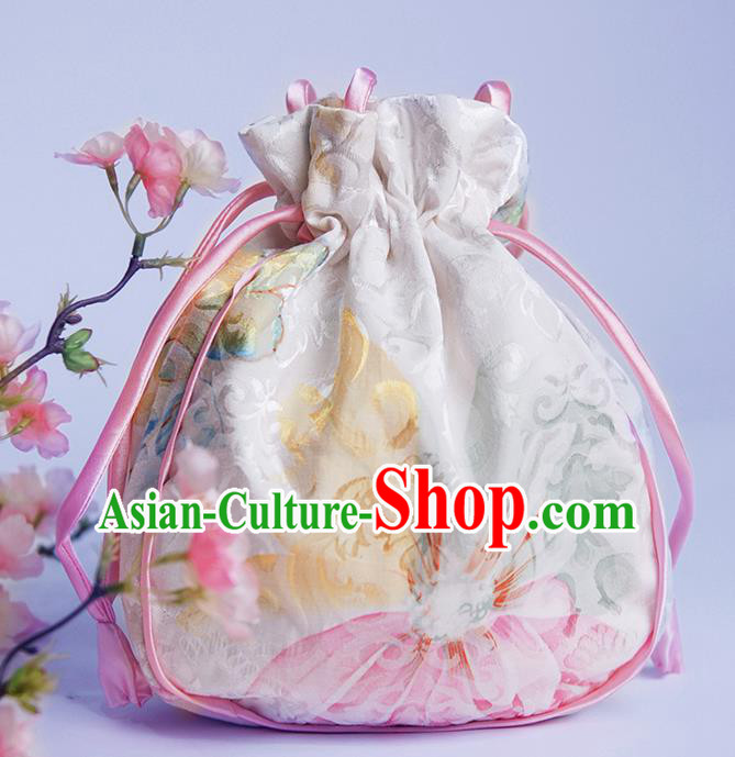Chinese Traditional Hanfu Accessories Classical Embroidered White Silk Handbag for Women