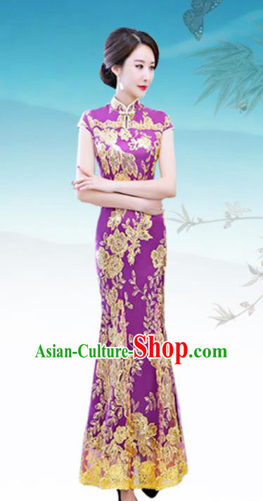 Chinese Traditional Wedding Costume Classical Embroidered Purple Full Dress for Women