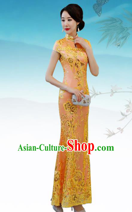 Chinese Traditional Wedding Costume Classical Embroidered Orange Full Dress for Women