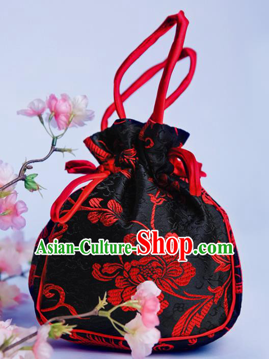 Chinese Traditional Hanfu Accessories Classical Black Brocade Handbag for Women