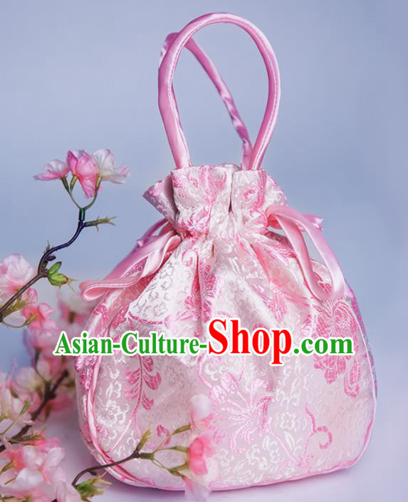 Chinese Traditional Hanfu Accessories Classical Pink Brocade Handbag for Women