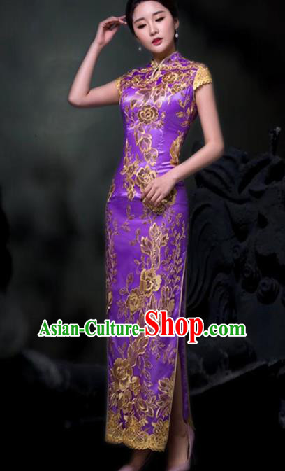 Chinese Traditional Embroidered Purple Cheongsam Costume Classical Full Dress for Women