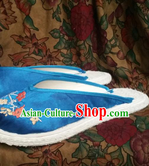 Chinese Ancient Princess Blue Slippers Traditional Embroidered Plum Blossom Shoes Hanfu Shoes for Women