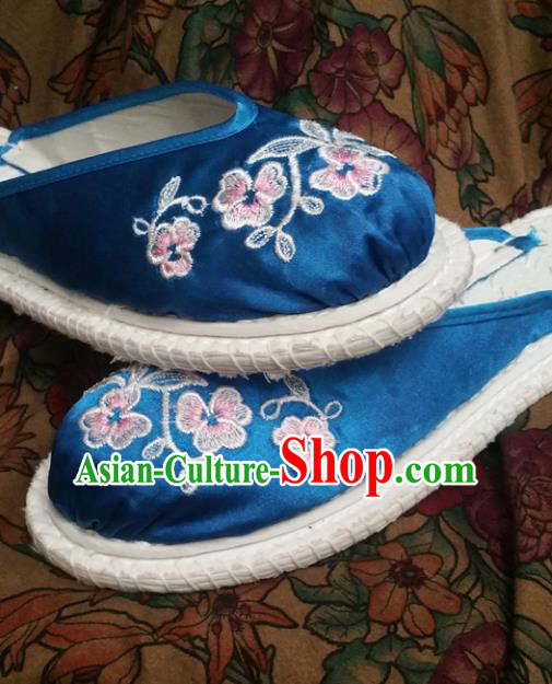 Chinese Ancient Princess Embroidered Blue Slippers Traditional Shoes Hanfu Shoes for Women