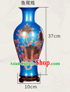Chinese Jingdezhen Ceramic Craft Printing Peony Pattern Blue Enamel Vase Handicraft Traditional Porcelain Vase