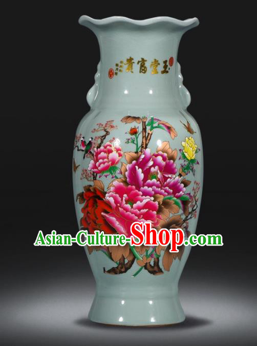 Chinese Jingdezhen Ceramic Craft Printing Peony Enamel Vase Handicraft Traditional Porcelain Vase