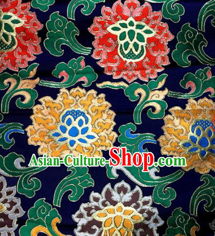 Chinese Traditional Buddhism Lotus Pattern Navy Brocade Silk Fabric Tibetan Robe Satin Fabric Asian Material