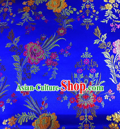 Chinese Traditional Spring Flowers Pattern Blue Brocade Silk Fabric Tibetan Robe Satin Fabric Asian Buddhism Material