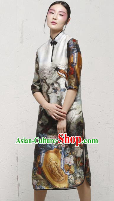 Chinese Traditional National Costume Tang Suit Qipao Dress Printing Cheongsam for Women