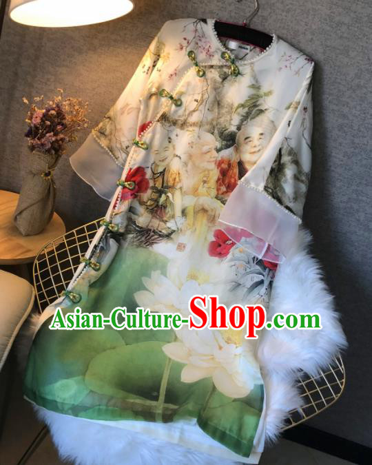 Chinese Traditional National Costume Tang Suit Qipao Dress Printing Lotus Cheongsam for Women