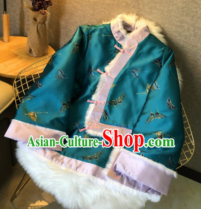 Chinese Traditional National Costume Embroidered Butterfly Green Jacket Tang Suit Outer Garment for Women
