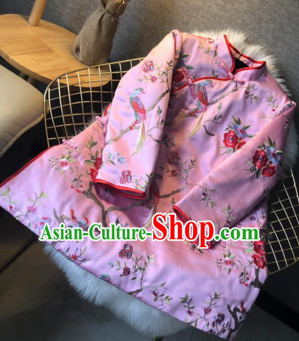 Chinese Traditional National Costume Embroidered Pink Cotton Padded Jacket Tang Suit Outer Garment for Women