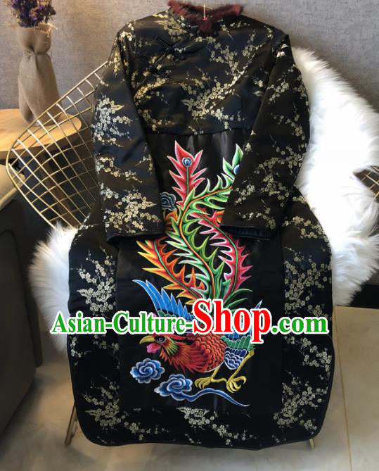 Chinese Traditional National Costume Tang Suit Qipao Dress Embroidered Phoenix Black Cheongsam for Women