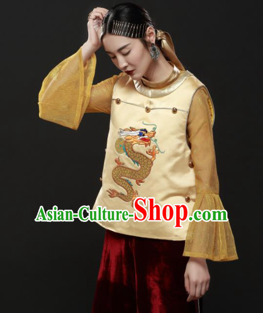Chinese Traditional National Costume Embroidered Dragon Golden Blouse Tang Suit Upper Outer Garment for Women