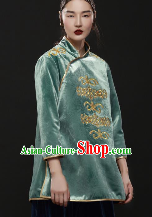 Chinese Traditional National Costume Embroidered Green Jacket Tang Suit Upper Outer Garment for Women