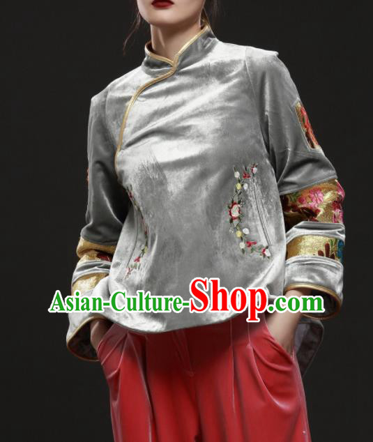Chinese Traditional National Costume Embroidered Grey Velvet Jacket Tang Suit Upper Outer Garment for Women