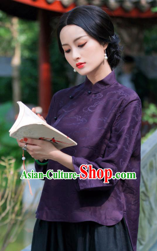 Chinese Traditional Upper Outer Garment National Costume Tang Suit Embroidered Purple Blouse for Women