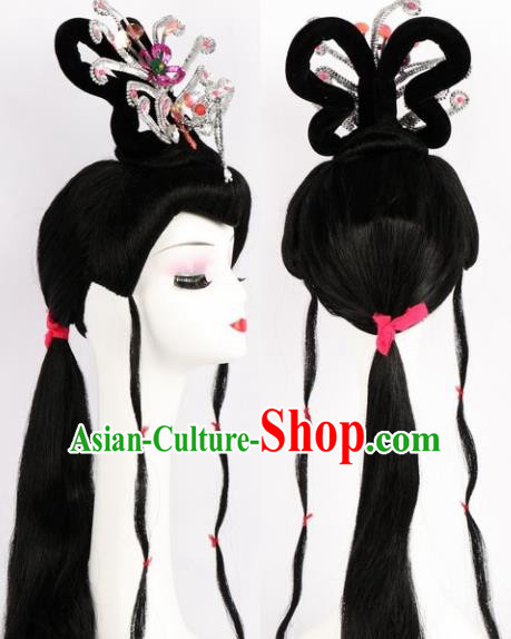 Chinese Ancient Peri Wigs and White Phoenix Tassel Hairpins Traditional Peking Opera Artiste Hair Accessories for Women