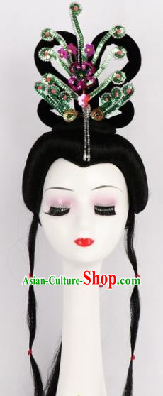 Chinese Ancient Peri Wigs and Green Phoenix Tassel Hairpins Traditional Peking Opera Artiste Hair Accessories for Women