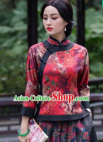 Chinese Traditional Upper Outer Garment National Costume Tang Suit Red Silk Blouse for Women