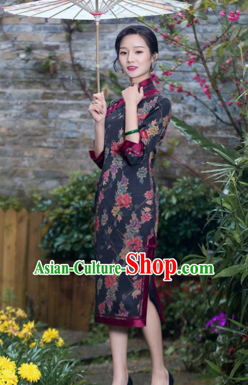 Chinese Traditional National Costume Tang Suit Printing Black Silk Qipao Dress Cheongsam for Women