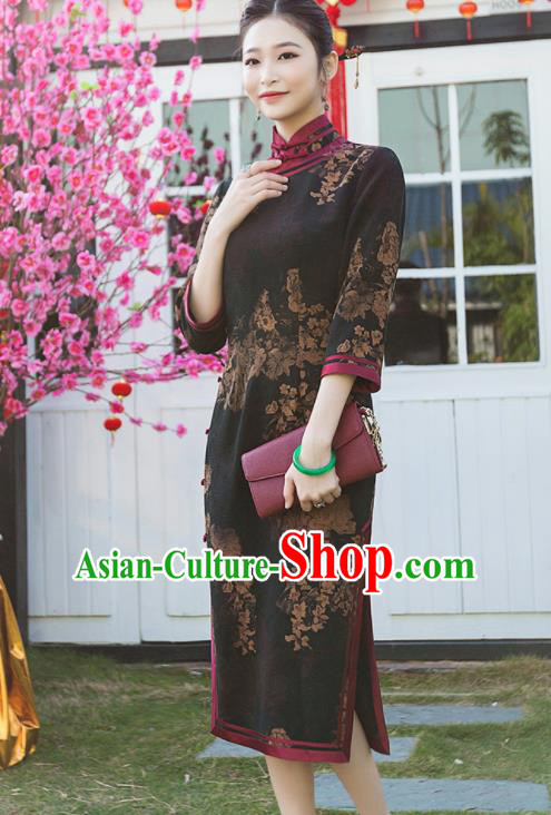 Chinese Traditional Tang Suit Printing Black Silk Qipao Dress National Costume Cheongsam for Women
