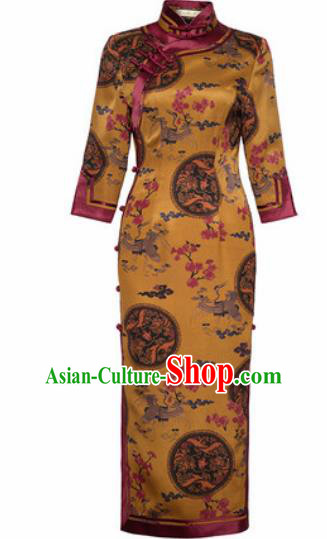 Chinese Traditional Tang Suit Golden Silk Qipao Dress National Costume Cheongsam for Women