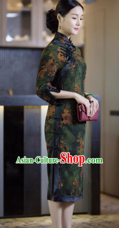 Chinese Traditional Tang Suit Green Silk Qipao Dress National Costume Cheongsam for Women