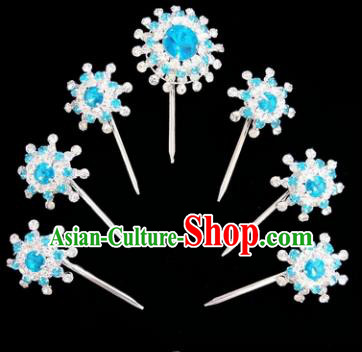 Chinese Ancient Princess Blue Crystal Hairpins Traditional Peking Opera Artiste Hair Clips Headwear for Women