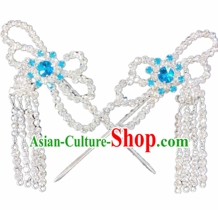 Chinese Ancient Princess Blue Crystal Tassel Hairpins Traditional Peking Opera Artiste Hair Clips Headwear for Women